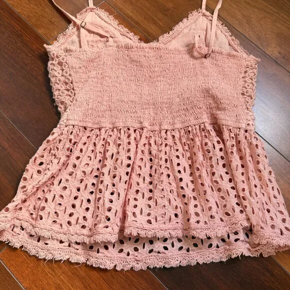 Japna Baby Doll Cami SZ L eyelet smocked womens blouse 100% cotton - Picture 5 of 6